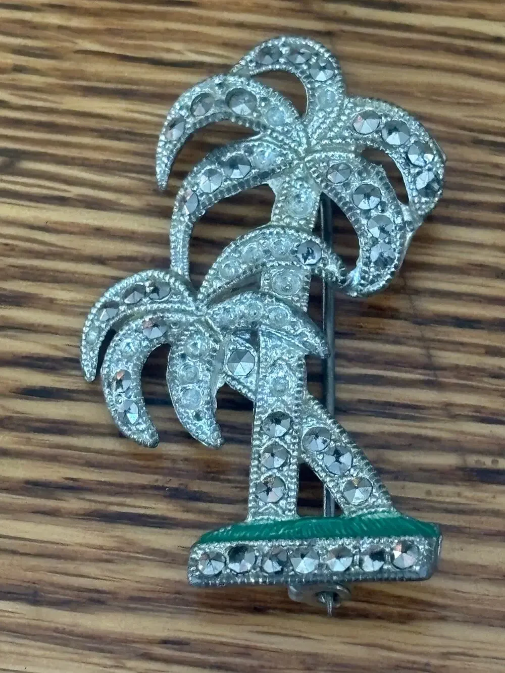 Vintage Brooch Tropical Tree Clear Color Rhinestones and Green Enamel